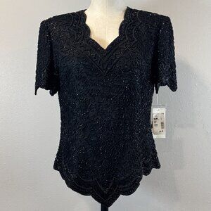 Cote D Azur Evening Womens M Black Beaded Silk Blouse Short Sleeve Back Zip NWT